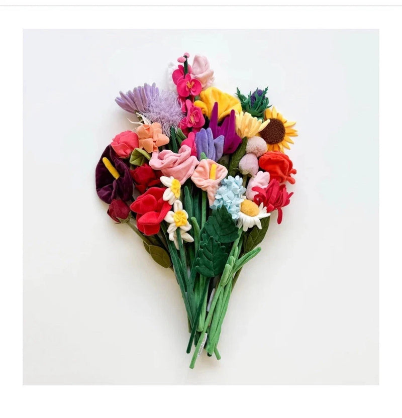 Multicolor plush flower bouquet with 27 stuffed blooms and fabric leaves