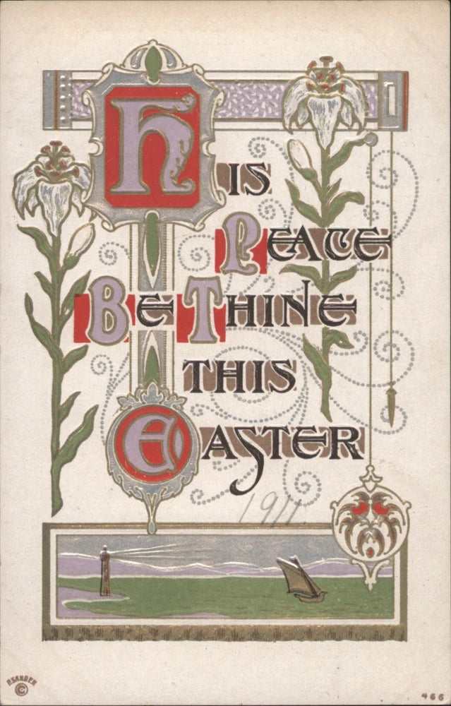 Easter Flowers BESUDER His Peace Thine This 1911 Art Nouveau Lilies Lighthouse Lily