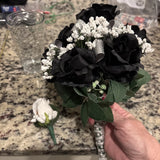 Artificial Flower Bouquet  Boutonniere, Black Roses, Sparkly, Silver Ribbon Bouquet