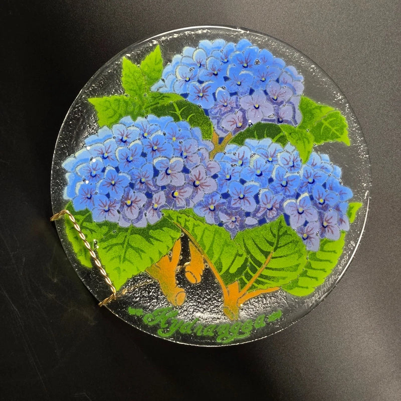 Peggy Karr 11" "Hydrangeas" Plate Fused Glass Signed 2000 #80 USA Hydrangea