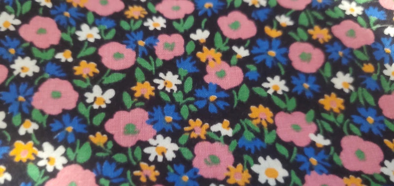 Vintage Black Multicolor Floral Cotton Fabric 41 Wide Sold BTHY Ditsy Flower Flowering Plants