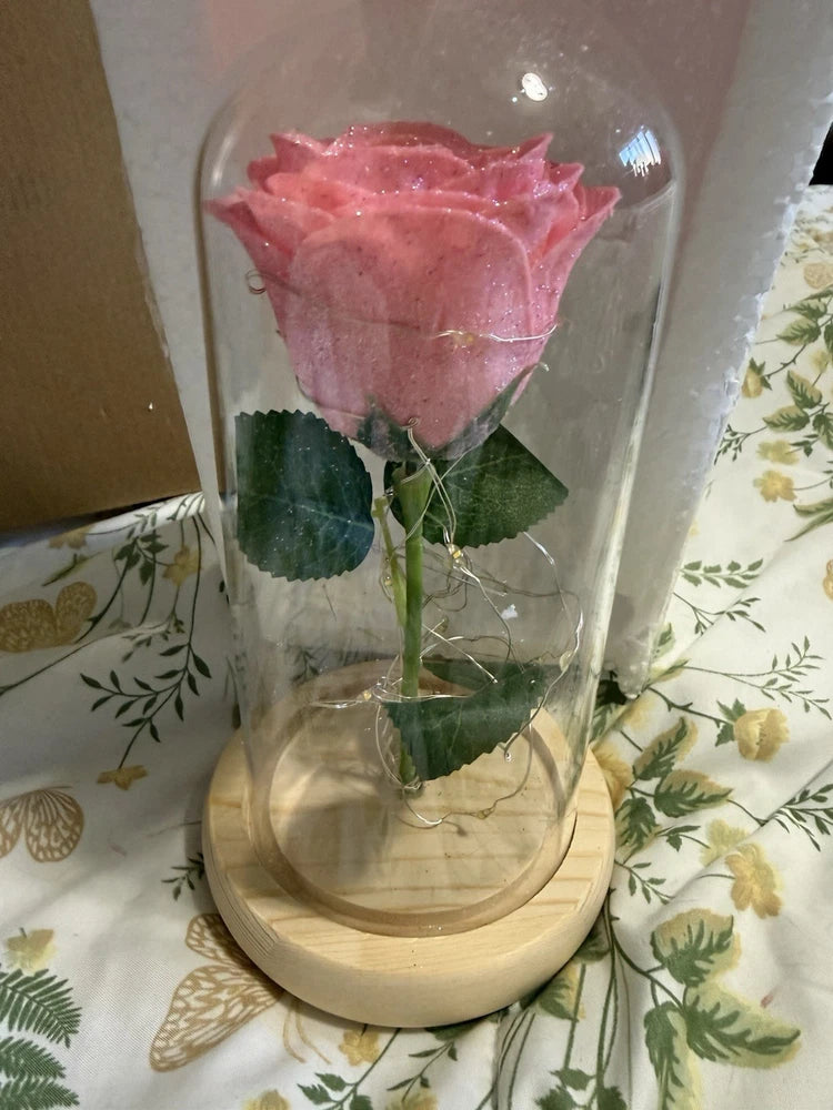 Pink preserved rose under clear glass dome with warm lights and round wooden base