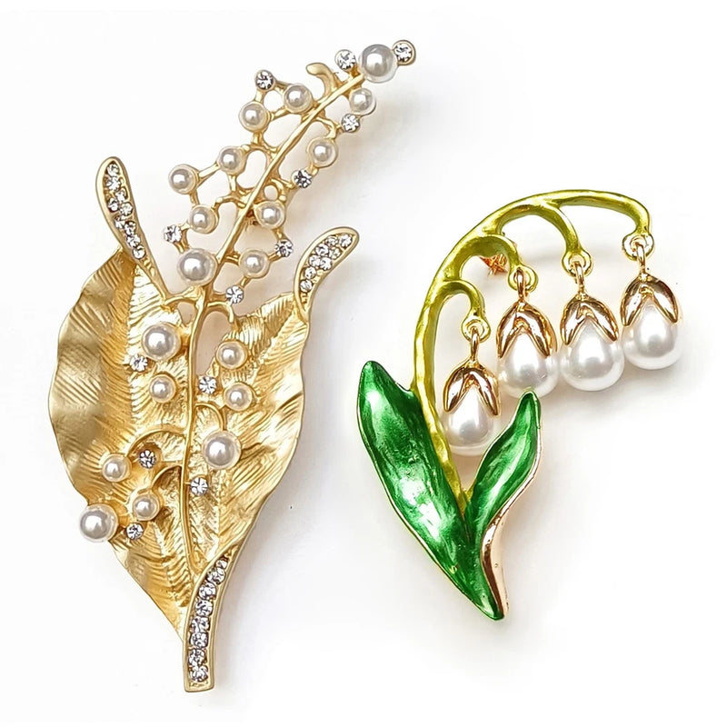 Lily of the valley brooch with white pearl flowers, green leaves, gold-tone setting