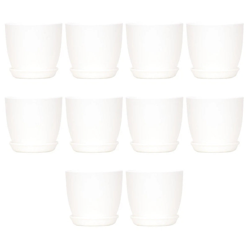 Set of white plastic plant pots with wide rims, multiple cups