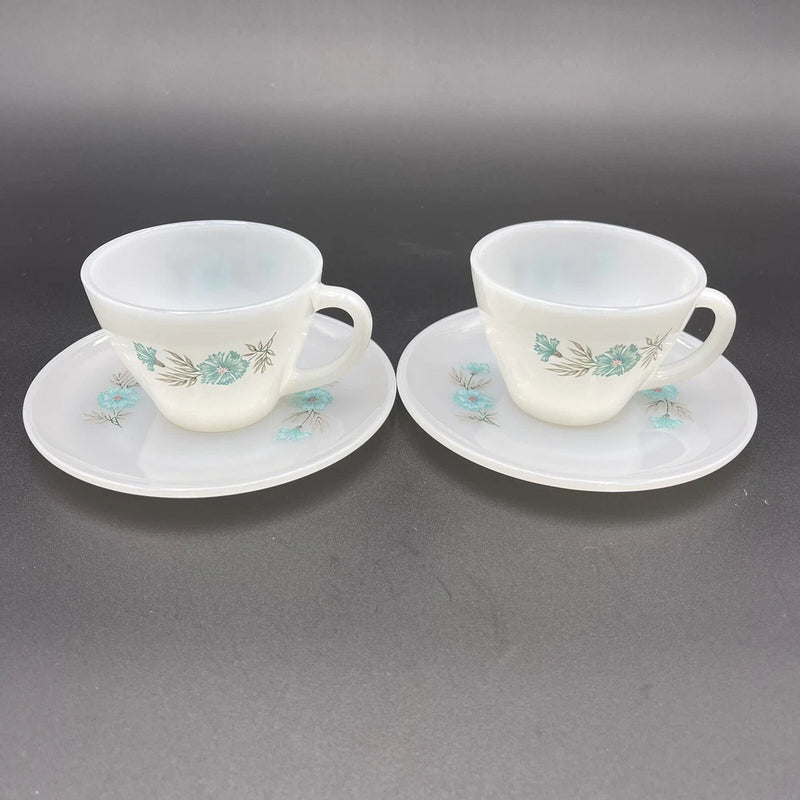 Vtg Two Sets Fire King Oven Ware Blue Carnation Flower Coffee Cup Mug & Saucer Carnation