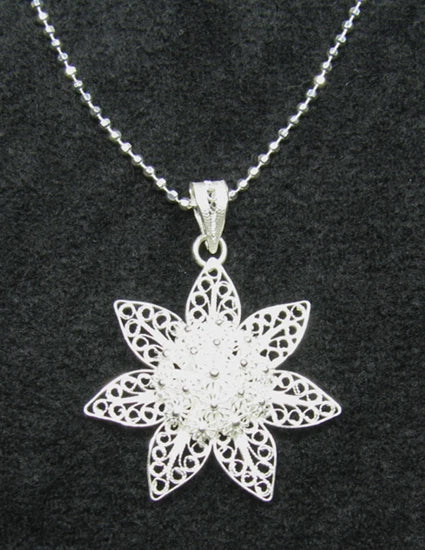 Sterling silver sunflower filigree pendant necklace with small woven bail