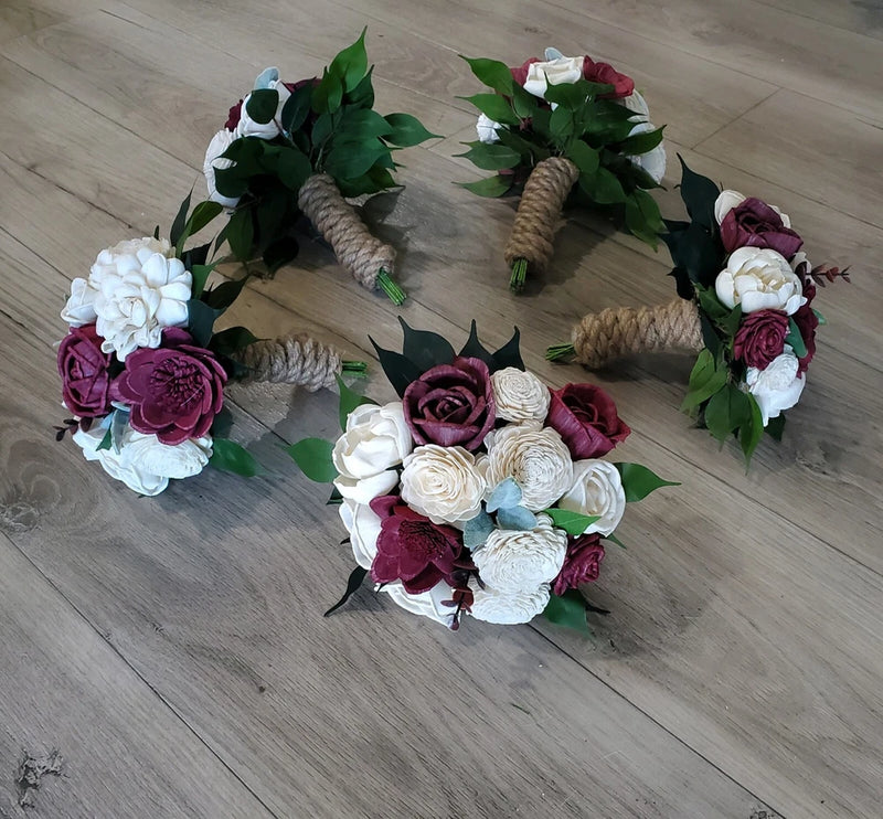Burgundy Bridesmaid Bouquets Sola Wood Bridal Red Wine White Cream Wedding Bouquet