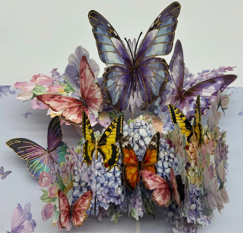 Hydrangea Butterflies 3D Pop Up Card Garden Blue Purple Flowers Hydrangea