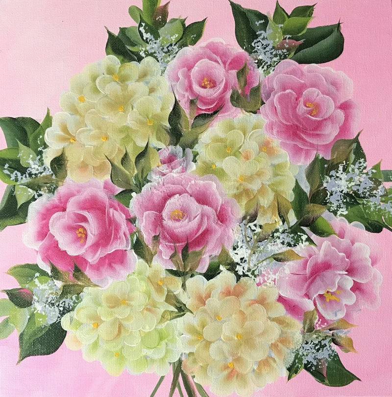 Shabby Chic PINK ROSES HYDRANGEAS ~10x10 Acrylic Painting~~Jann Mendenhall~~____ Hydrangea