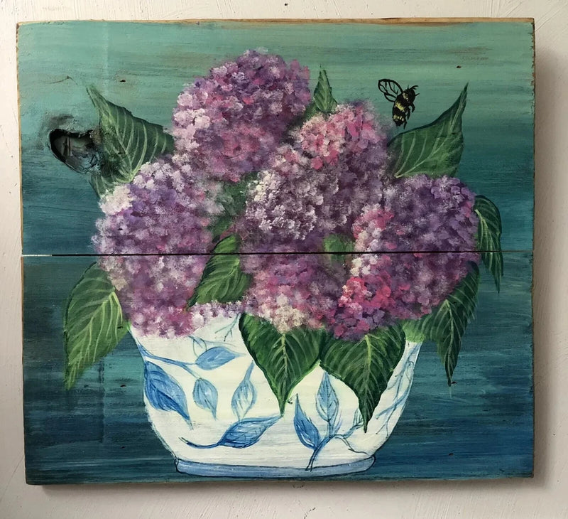 Painting Hydrangea Flower in Pot Folk Art Hand painted on Wood Board  12" X 11" Hydrangea