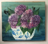 Painting Hydrangea Flower in Pot Folk Art Hand painted on Wood Board  12" X 11" Hydrangea