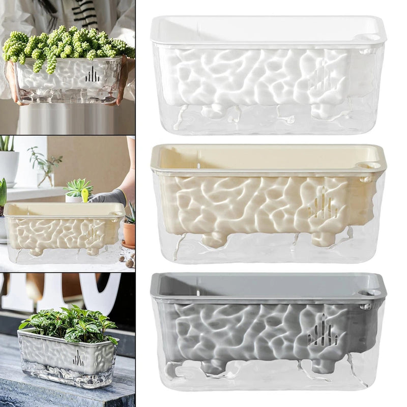 Self-watering planter set with wave texture and attached saucer, white beige gray