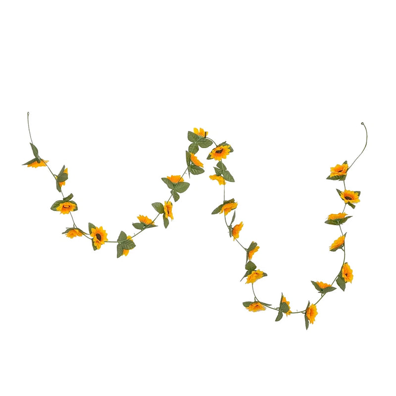 Artificial sunflower garland with small yellow blooms and green leaves on string