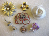 Lot 6 Flower Pins Brooches & 1 Pendant / Roses, Sunflower, Dogwood, Fabric Sunflower