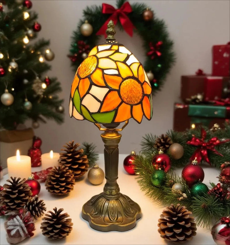 Sunflower Tiffany-style stained glass table lamp with amber flower shade and bronze base