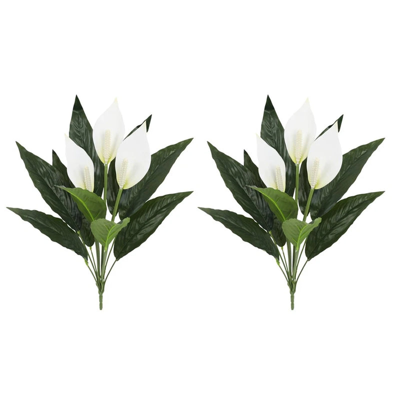 Two-pack artificial spathiphyllum plants with white flower spathes and dark green leaves