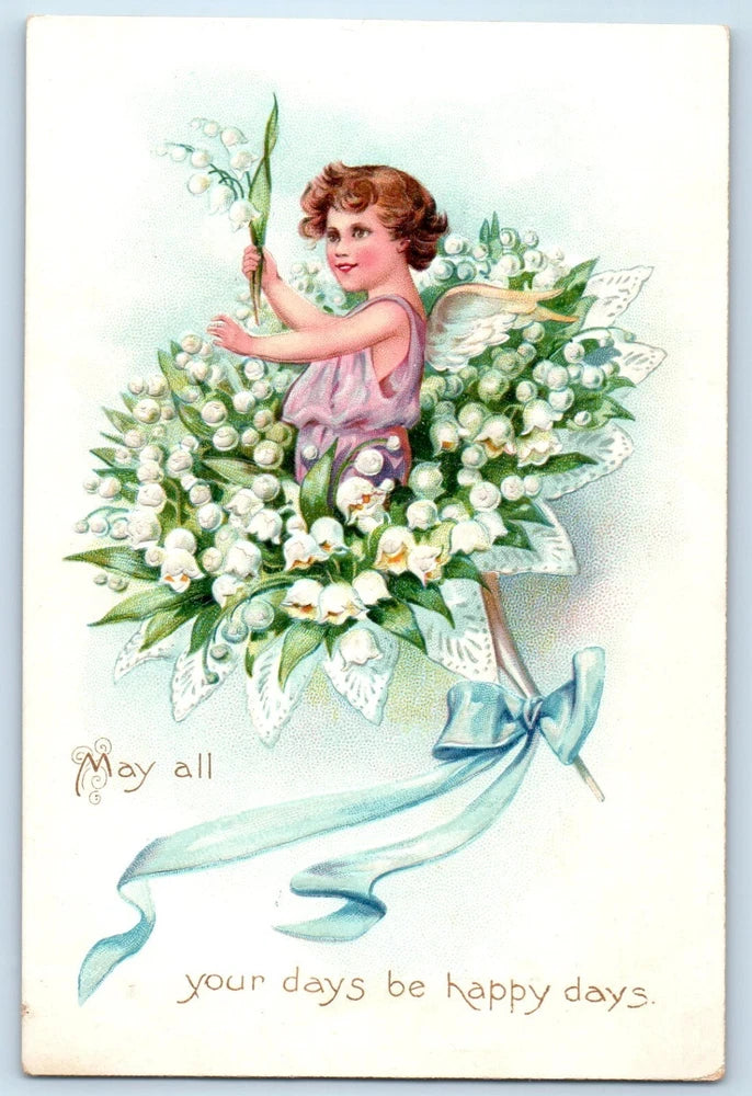 Antique postcard with angel holding lily flowers bouquet, embossed floral border
