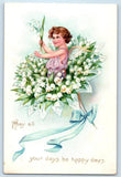 c1910's Birthday Angel On Lilies Flowers Bouquet Embossed Antique Postcard Lily