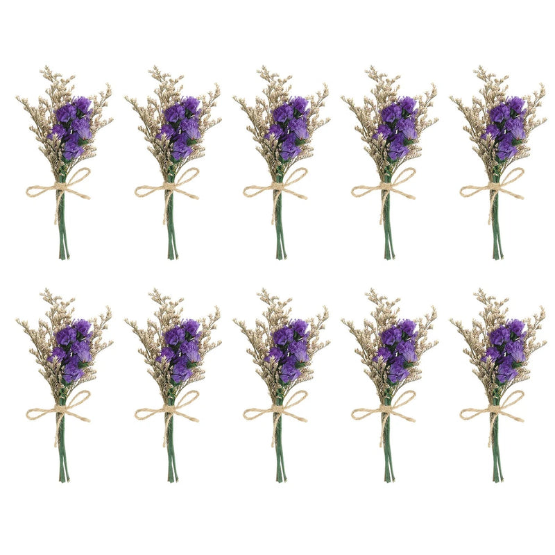 Mini dried flower bouquets, purple forget-me-not with white sprigs, tied with twine