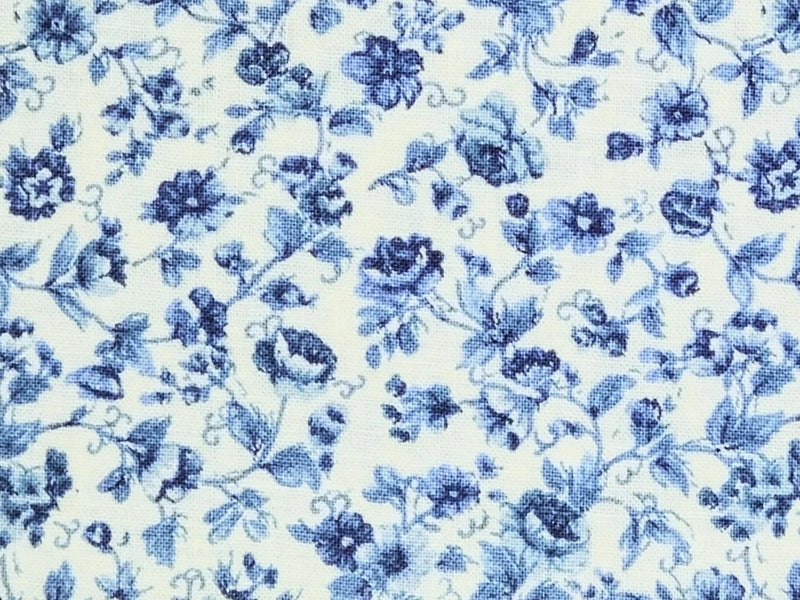 Blue rose floral quilting cotton fabric, all-over porcelain blue blossoms pattern