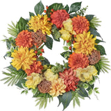 24-Inch Spring Wreath for Front Door with Hydrangeas Dahlias Daisy Silk Flowers Hydrangea
