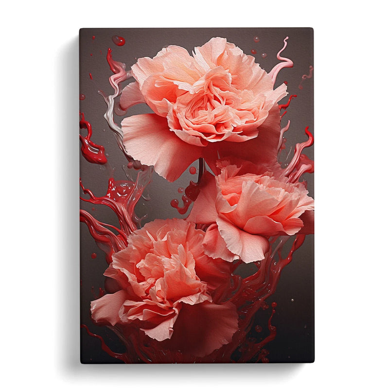 Framed canvas wall art print with peach-pink carnations and red abstract splashes