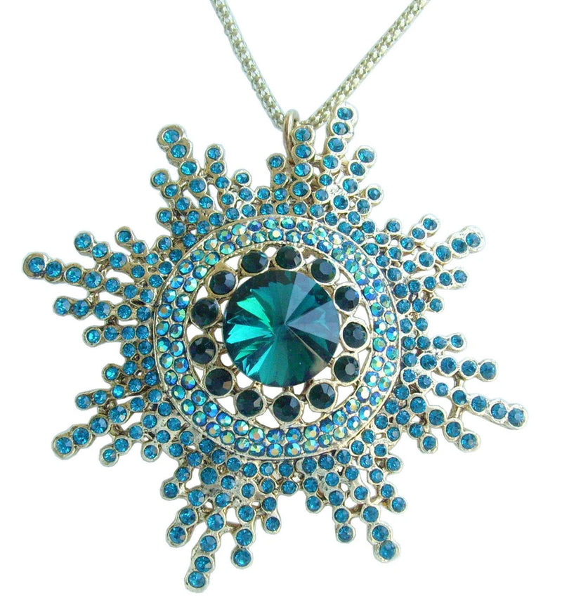 Rhinestone sunflower pendant necklace with turquoise-blue crystal petals and green center