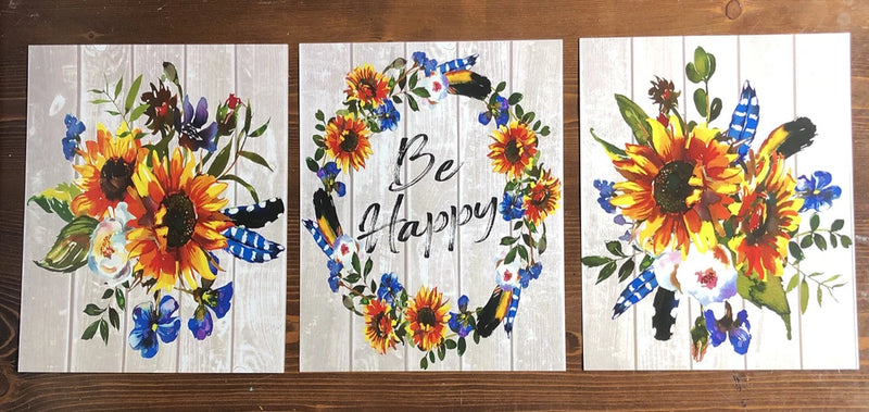Set of three sunflower and flax print cards on cardstock, floral with blue accents.