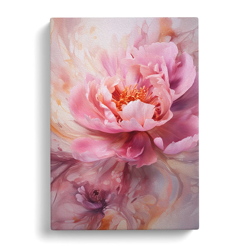 Framed canvas wall art print with pink peony flower and soft watercolor-style abstract background