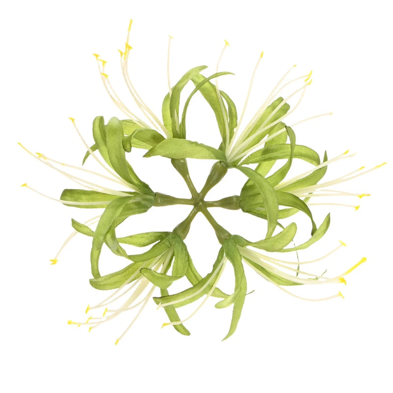 Artificial spider lily flower head with green leaves and pale yellow threads
