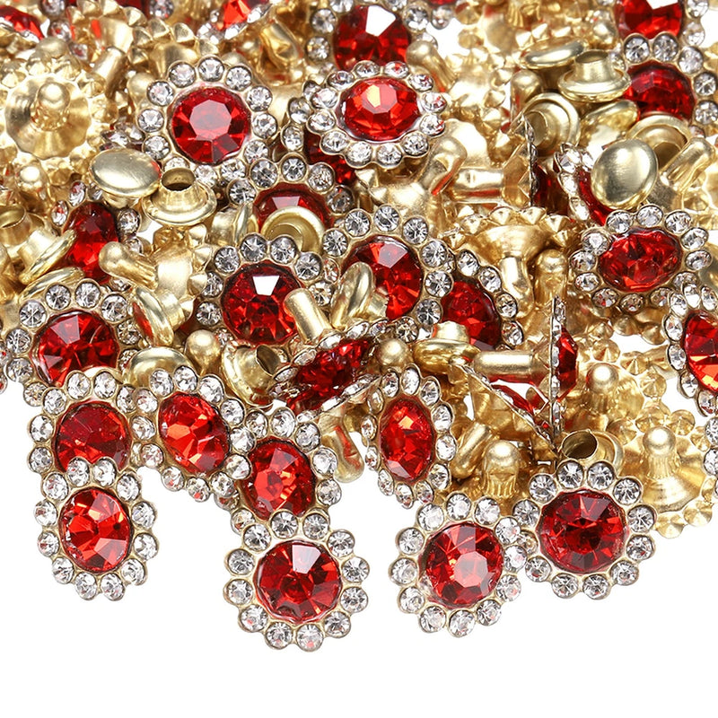 Sunflower rhinestone rivet studs in red and clear with gold-tone metal posts