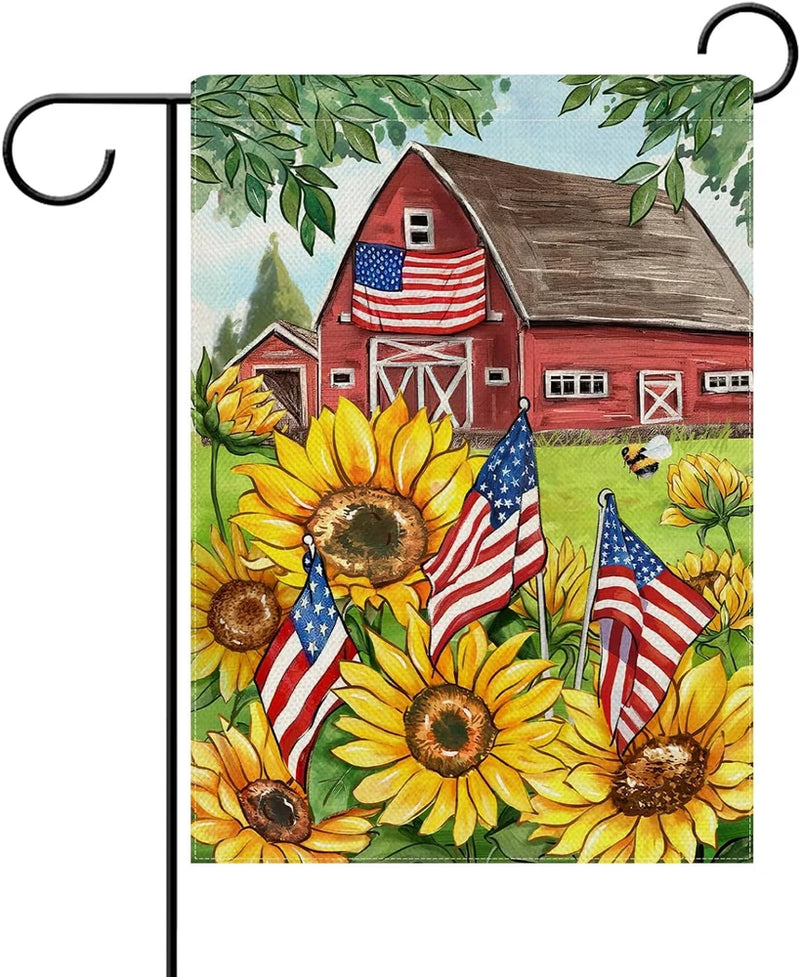 Decorative garden flag with bright sunflowers, red barn, and waving American flag graphics