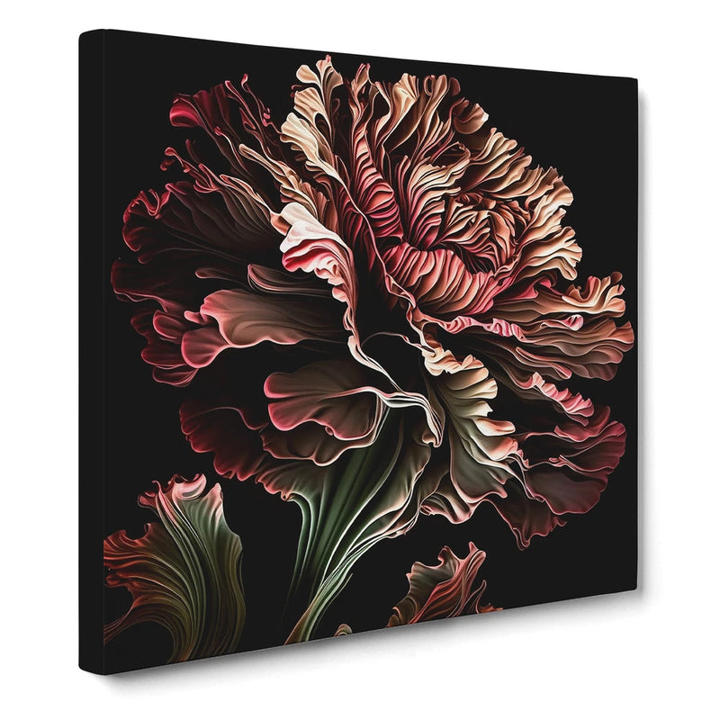 Framed abstract flower canvas wall art with pink and cream blooms on dark background