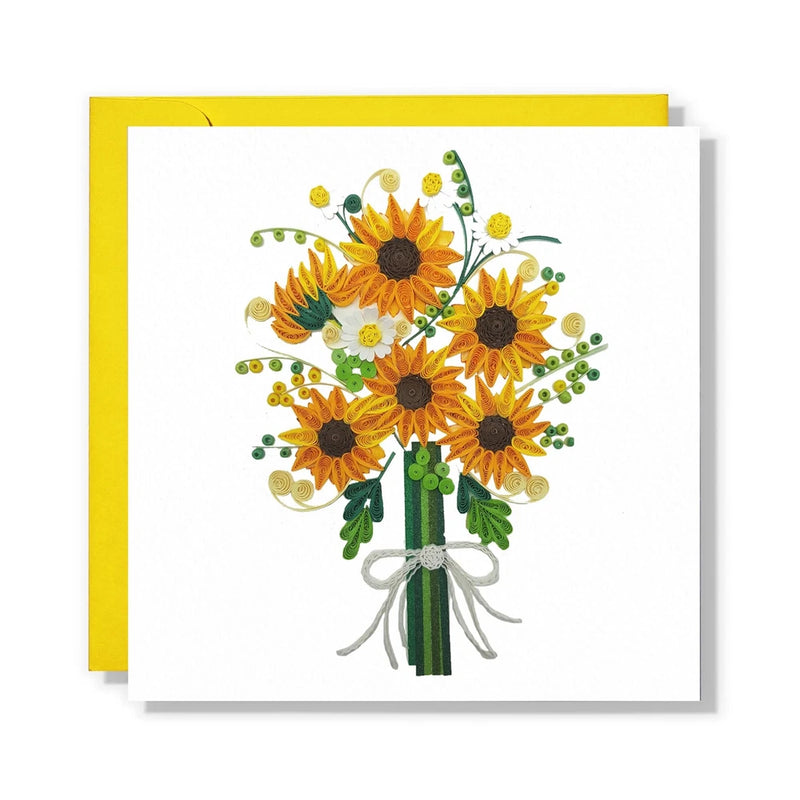 Quilled sunflower bouquet greeting card with green leaves and white ribbon bow on white