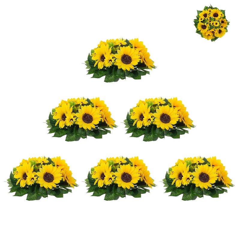 Artificial sunflower centerpiece set of 6 with yellow blooms and green leaves