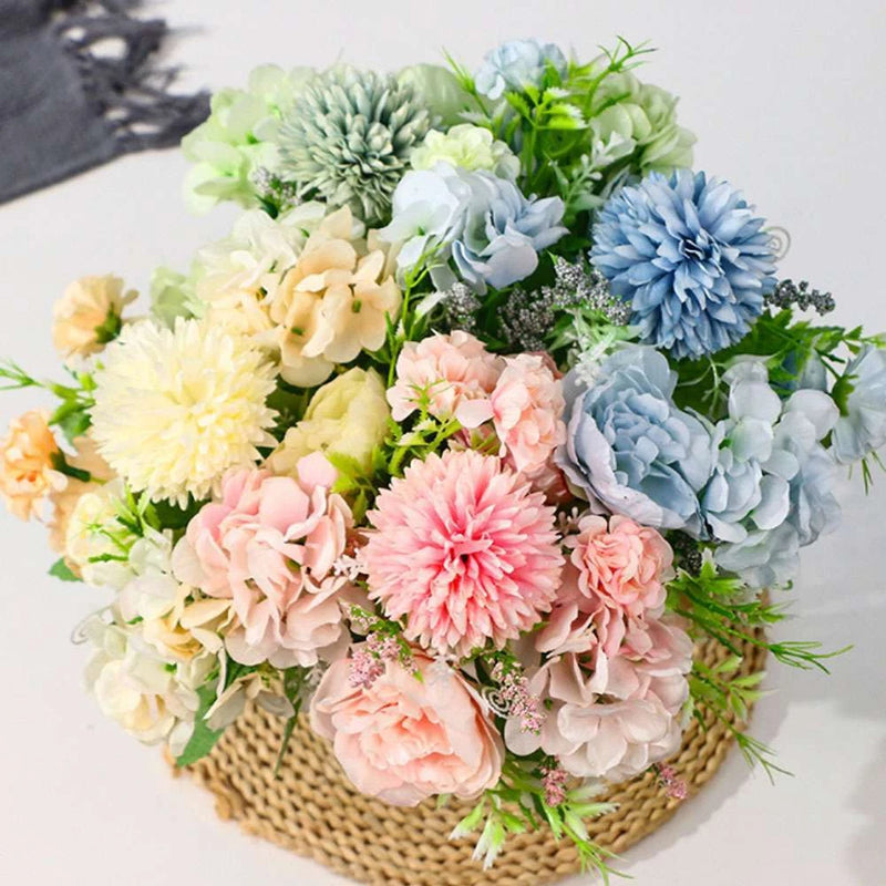 Pastel artificial peony silk flower bouquet in woven basket, multi-flower bunch