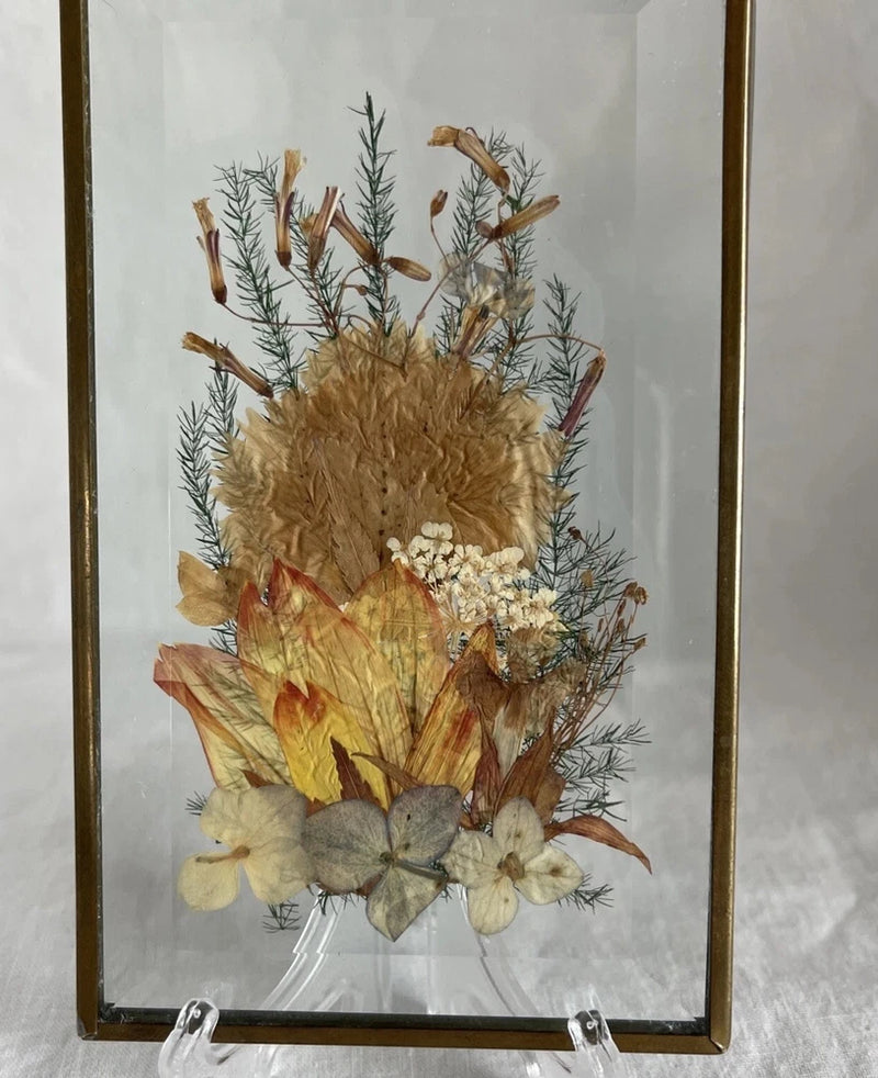 Rectangle glass suncatcher with pressed dried flowers in metal frame, layered leaves and petals