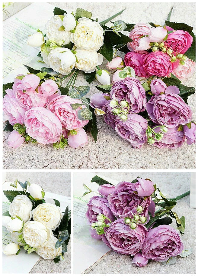Artificial silk flower bouquet with white, pink, and purple peony roses and green leaves