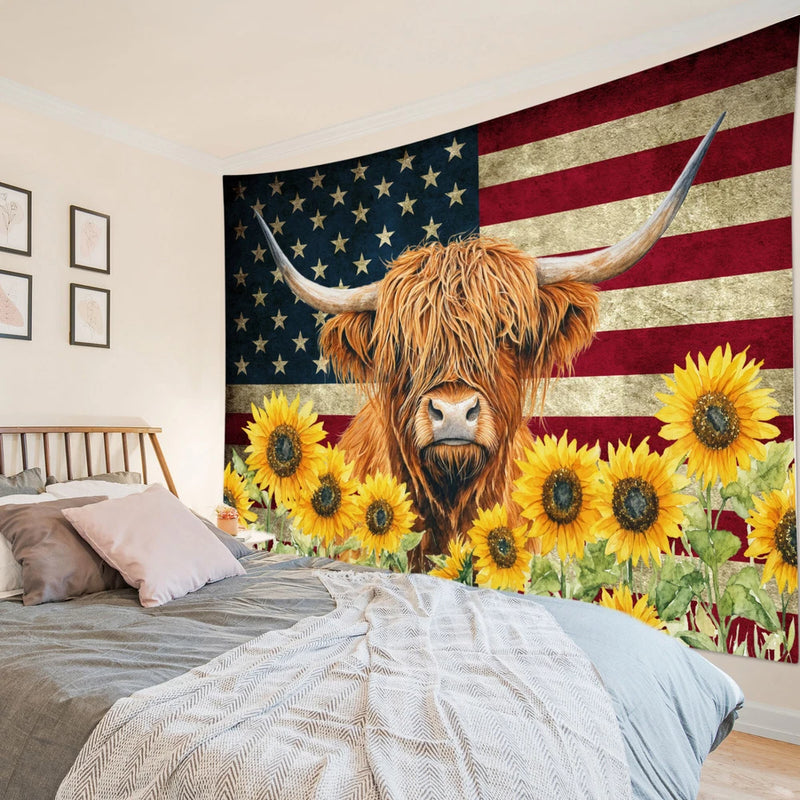 Wall tapestry featuring a brown cow with sunflowers over an American flag