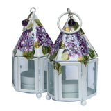 Handmade Set of Two Mini Tea Light Candle Lanterns Painted Purple Hydrangeas Hydrangea