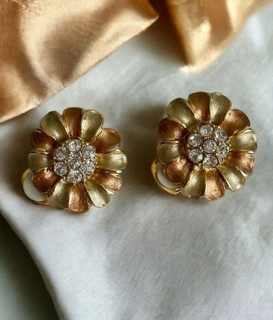 VTG Gold and Bronze Tone Sunflower Rhinestone Earrings Retro Clip-on Bold Flower Sunflower