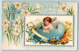 Easter Postcard Greeting Angel Hatched Egg Floral Cross Lilies Flowers Embossed Lily