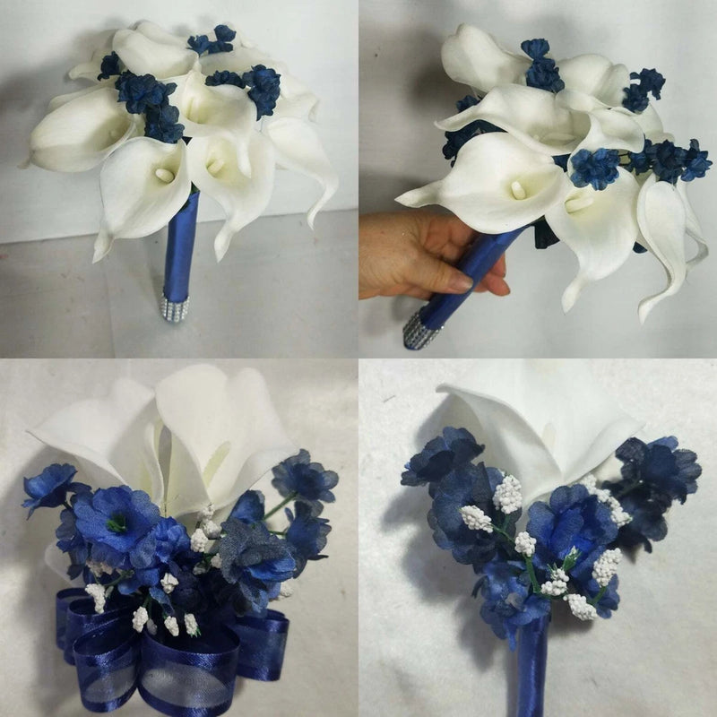 Ivory Navy Blue Calla Lily Bridal Wedding Bouquet Accessories Bouquet