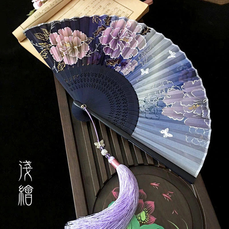 6 Inch Gold-painted Peony Flower Folding Fan Purple Butterfly Folding Dance Fan Peony