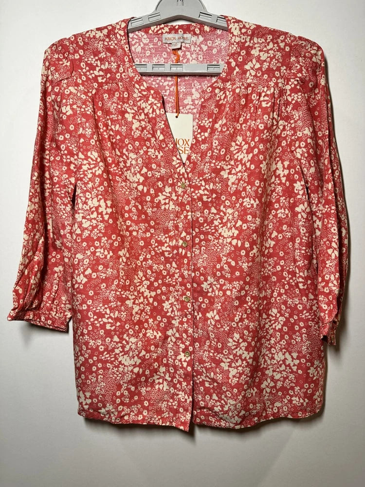 Floral red 3/4 sleeve V-neck blouse with button front, white print