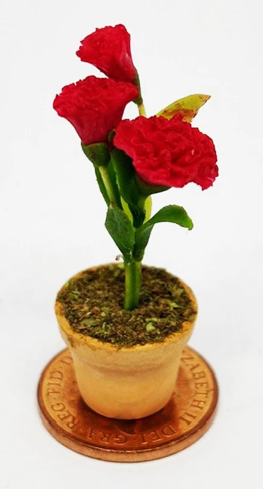 12-scale dollhouse carnation bunch with red flowers in small ceramic pot