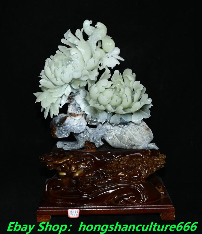 Jade peony flower and bird ruyi ornament statue on carved base