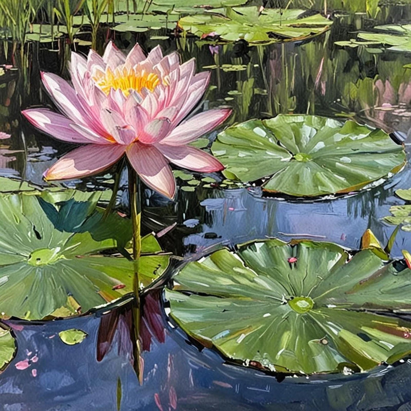 Pink lotus flower with green lily pads on dark water