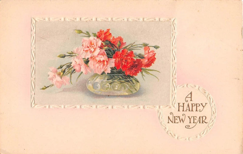 Vase Filled With Lovely Carnations-Old New Year PC-B.b. London Series No. NY 344 Carnation