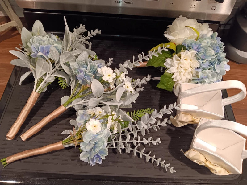 Wedding Bridal Bouquet, 3 Bridesmaids Bouquets And 2 Flower Girl Baskets Bouquet